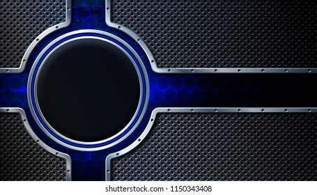 Dark metal perforated background with metallic technological elements.. For industrial and technology design. Vector illustration. 