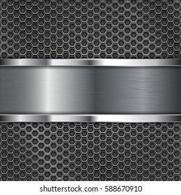 Dark metal perforated background with stainless steel plate. Vector 3d illustration.