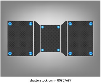 Dark metal plate with holes, rivets and blue stand on gray background