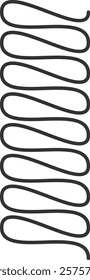 Dark metal spiral spring forming regular loops, creating a rhythmic pattern against a clean white backdrop, ideal for concepts related to mechanics, industry, or repetitive processes