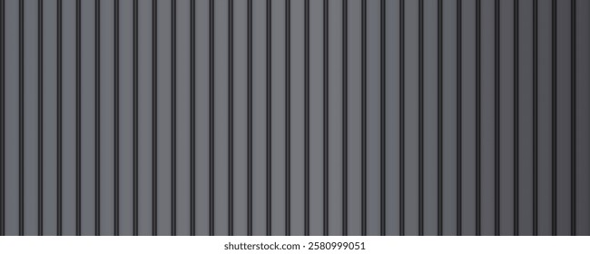 Dark metal striped roof sheetGray corrugated fence background. Black vertical lines plastic siding realistic texture. Line industrial wall panel