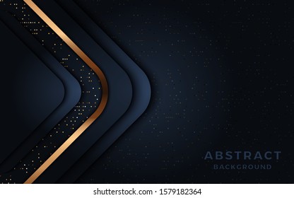 Dark metallic abstract background with black overlay layers. Texture with golden line and glitter dots element decoration.