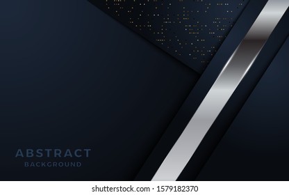 Dark metallic abstract background with black overlay layers. Texture with silver line and glitter dots element decoration.