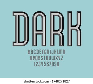 Dark metallic alphabet from chiseled block, font with effect of silver, beveled letters and numbers, vector illustration 10EPS