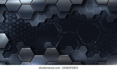 Dark metallic futuristic composition with hexagonal structures.