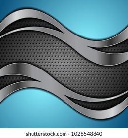 Dark metallic tech wavy abstract background. Vector chrome perforated design