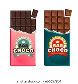 Dark and milk candy chocolate bars in vintage bar wrappers. Vector illustration