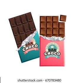 Dark and milk candy chocolate bars in vintage bar wrappers with foil. Vector illustration