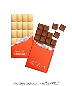Dark and milk candy chocolate bars in vintage bar wrappers with foil. Vector illustration