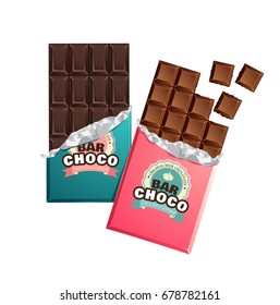 Dark and milk candy chocolate bars in vintage bar wrappers with foil. Vector illustration