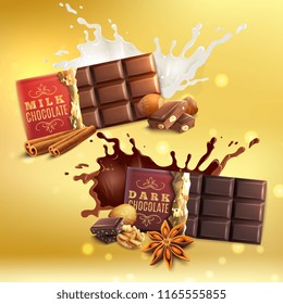 Dark and milk chocolate bars with nuts and spices realistic compositions on yellow blurred background vector illustration