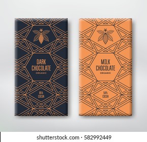 Dark and milk chocolate packaging design. Line illustration cocoa and geometric pattern. Vector template