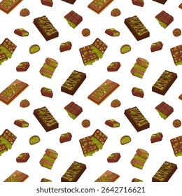 Dark and milk chocolate truffles with pistachio nuts topping. Vector cartoon seamless pattern of sweet trendy Dubai candy bar for packaging, dessert visuals, textile, wrapping, menu background
