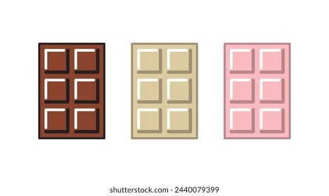 Dark, milk and strawberry chocolate bar set. Unwrapped square pieces of different chocolate. Cocoa organic product vector illustration. 