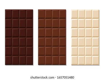 Dark, milk and white chocolate bar set. Unwrapped square pieces of different chocolate. Cocoa organic product vector illustration