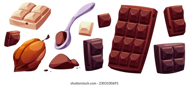 Dark, milk and white chocolate bar pieces, cocoa beans and powder. Chunks and blocks of sweet brown chocolate, spoon and pile of ground cacao, vector cartoon set