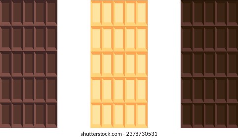 Dark, milk and white chocolate bar set. Unwrapped square pieces of different chocolate. Cocoa organic product vector illustration