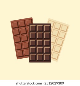 Conjunto de barras de chocolate preto, leite e branco. Pedaços quadrados desembrulhados de chocolate diferente. ilustração vetorial