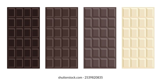 Dark, milk, white chocolate bar set. Tiles of different chocolate isolated on white background. Flat vector illustration