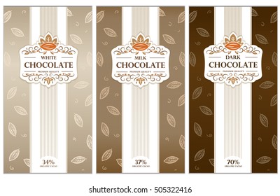 Dark, milk and white chocolate bar design. Elegant chocolate vector packaging. Trendy  product branding template with label.