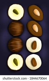 dark, milk white chocolate candies with assorted filling with pistachio flavor