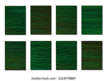 Dark Minimal Cover Design with Neon Waves. Set of 8 Simple Abstract Backgrounds for Cards, Posters, Notepad Covers. Abstract Textures with Sea Waves. Trendy Backdrops