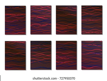 Dark Minimal Cover Design with Neon Waves. Set of 8 Simple Abstract Backgrounds for Cards, Posters, Notepad Covers. Abstract Textures with Sea Waves. Trendy Backdrops