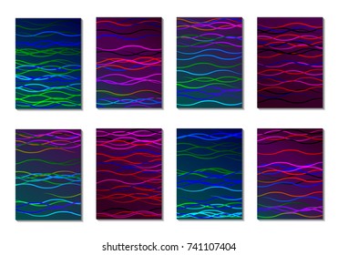 Dark Minimal Cover Design with Neon Waves. Set of 8 Simple Abstract Backgrounds for Cards, Posters, Notepad Covers. Abstract Textures with Sea Waves. Trendy Backdrops