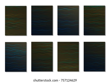 Dark Minimal Cover Design with Neon Waves. Set of 8 Simple Abstract Backgrounds for Cards, Posters, Notepad Covers. Abstract Textures with Sea Waves. Trendy Backdrops