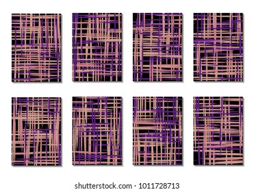 Dark Minimal Covers. Striped Abstract Backgrounds for Posters, Branding, Copybooks. Simple Cover Designs in Dark Covers made with Clipping Mask. Editable Patterns with Chaotic Lattice.