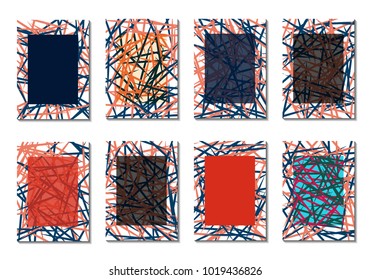 Dark Minimal Covers. Striped Abstract Backgrounds for Posters, Branding, Copybooks. Simple Cover Designs in Dark Covers made with Clipping Mask. Editable Patterns with Chaotic Lattice.