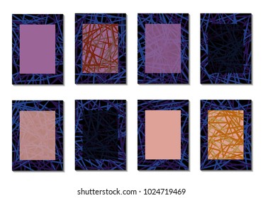 Dark Minimal Covers. Striped Abstract Backgrounds for Posters, Branding, Copybooks. Simple Cover Designs in Dark Covers made with Clipping Mask. Editable Patterns with Chaotic Lattice.
