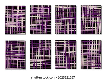 Dark Minimal Covers. Striped Abstract Backgrounds for Posters, Branding, Copybooks. Simple Cover Designs in Dark Covers made with Clipping Mask. Editable Patterns with Chaotic Lattice.