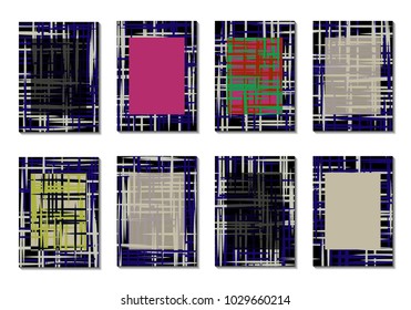 Dark Minimal Covers. Striped Abstract Backgrounds for Posters, Branding, Copybooks. Simple Cover Designs in Dark Covers made with Clipping Mask. Editable Patterns with Chaotic Lattice.