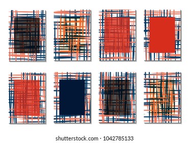Dark Minimal Covers. Striped Abstract Backgrounds for Posters, Branding, Copybooks. Simple Cover Designs in Dark Covers made with Clipping Mask. Editable Patterns with Chaotic Lattice.