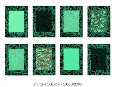 Dark Minimal Covers. Striped Abstract Backgrounds for Posters, Branding, Copybooks. Simple Cover Designs in Dark Covers made with Clipping Mask. Editable Patterns with Chaotic Lattice.