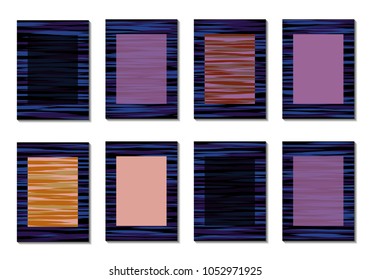 Dark Minimal Covers. Striped Abstract Backgrounds for Posters, Branding, Copybooks. Simple Cover Designs in Dark Covers made with Clipping Mask. Editable Patterns with Chaotic Lattice.
