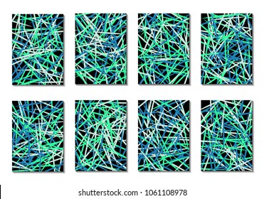 Dark Minimal Covers. Striped Abstract Backgrounds for Posters, Branding, Copybooks. Simple Cover Designs in Dark Covers made with Clipping Mask. Editable Patterns with Chaotic Lattice.