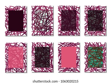 Dark Minimal Covers. Striped Abstract Backgrounds for Posters, Branding, Copybooks. Simple Cover Designs in Dark Covers made with Clipping Mask. Editable Patterns with Chaotic Lattice.