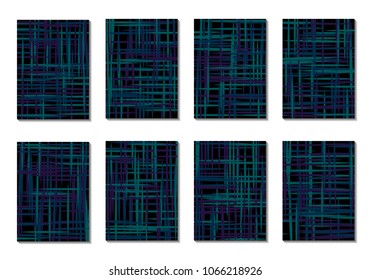 Dark Minimal Covers. Striped Abstract Backgrounds for Posters, Branding, Copybooks. Simple Cover Designs in Dark Covers made with Clipping Mask. Editable Patterns with Chaotic Lattice.