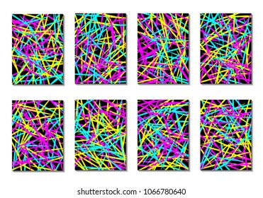 Dark Minimal Covers. Striped Abstract Backgrounds for Posters, Branding, Copybooks. Simple Cover Designs in Dark Covers made with Clipping Mask. Editable Patterns with Chaotic Lattice.