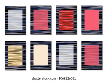 Dark Minimal Covers. Striped Abstract Backgrounds for Posters, Branding, Copybooks. Simple Cover Designs in Dark Covers made with Clipping Mask. Editable Patterns with Chaotic Lattice.