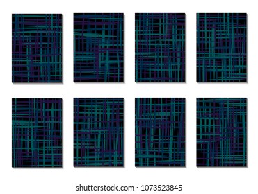 Dark Minimal Covers. Striped Abstract Backgrounds for Posters, Branding, Copybooks. Simple Cover Designs in Dark Covers made with Clipping Mask. Editable Patterns with Chaotic Lattice.