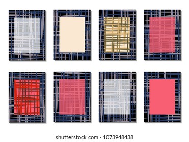 Dark Minimal Covers. Striped Abstract Backgrounds for Posters, Branding, Copybooks. Simple Cover Designs in Dark Covers made with Clipping Mask. Editable Patterns with Chaotic Lattice.