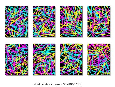 Dark Minimal Covers. Striped Abstract Backgrounds for Posters, Branding, Copybooks. Simple Cover Designs in Dark Covers made with Clipping Mask. Editable Patterns with Chaotic Lattice.