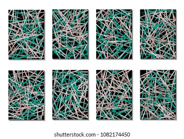 Dark Minimal Covers. Striped Abstract Backgrounds for Posters, Branding, Copybooks. Simple Cover Designs in Dark Covers made with Clipping Mask. Editable Patterns with Chaotic Lattice.