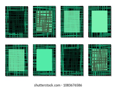 Dark Minimal Covers. Striped Abstract Backgrounds for Posters, Branding, Copybooks. Simple Cover Designs in Dark Covers made with Clipping Mask. Editable Patterns with Chaotic Lattice.