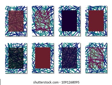 Dark Minimal Covers. Striped Abstract Backgrounds for Posters, Branding, Copybooks. Simple Cover Designs in Dark Covers made with Clipping Mask. Editable Patterns with Chaotic Lattice.