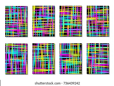Dark Minimal Covers. Striped Abstract Backgrounds for Posters, Branding, Copybooks. Simple Cover Designs in Dark Covers made with Clipping Mask. Editable Patterns with Chaotic Lattice.