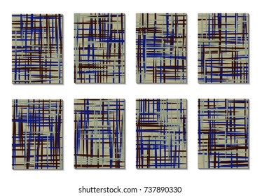 Dark Minimal Covers. Striped Abstract Backgrounds for Posters, Branding, Copybooks. Simple Cover Designs in Dark Covers made with Clipping Mask. Editable Patterns with Chaotic Lattice.